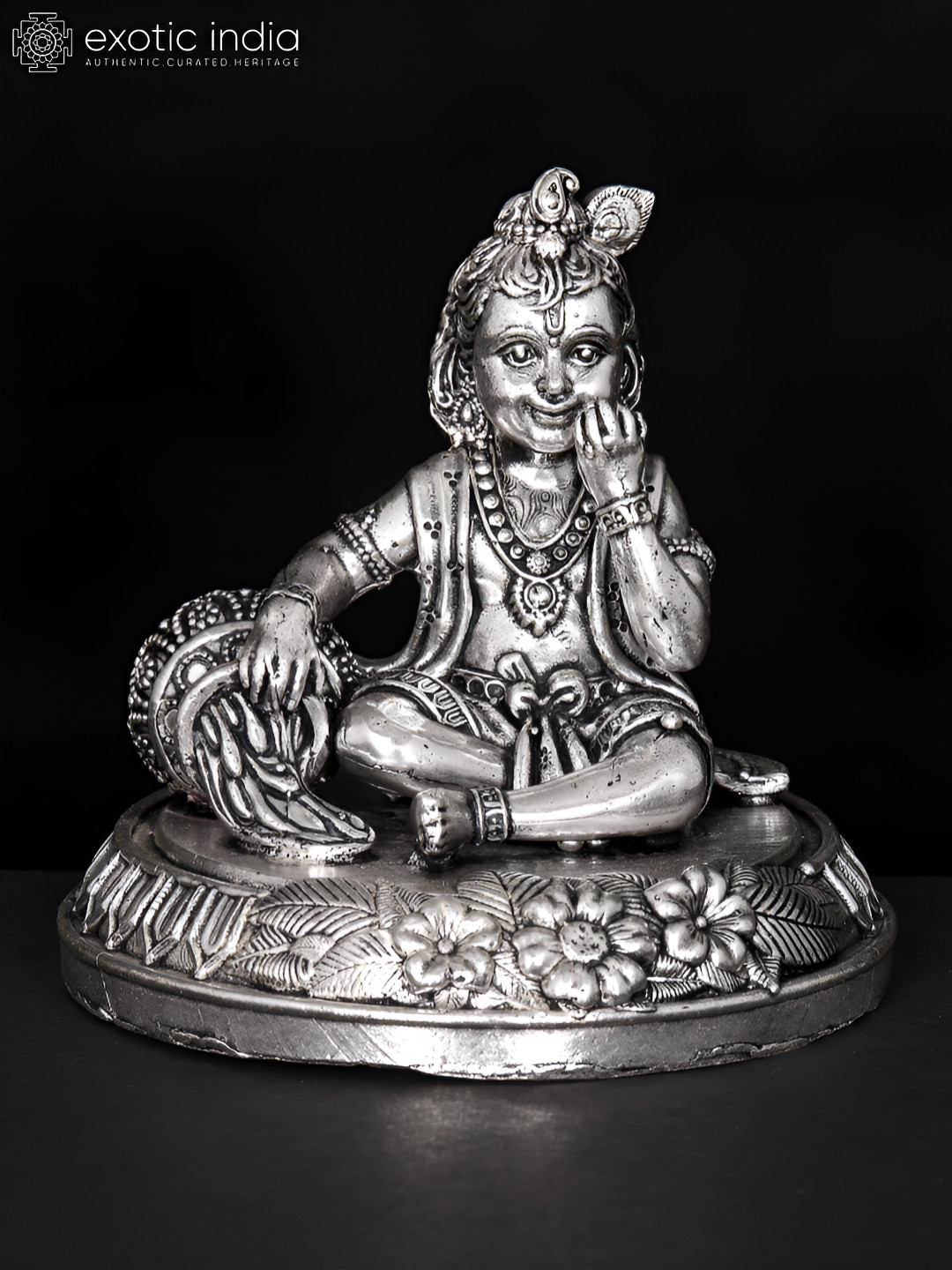 Exotic India Butter Krishna Silver Brass Metallic Prayer Room Medium Showpiece - 3 Inches