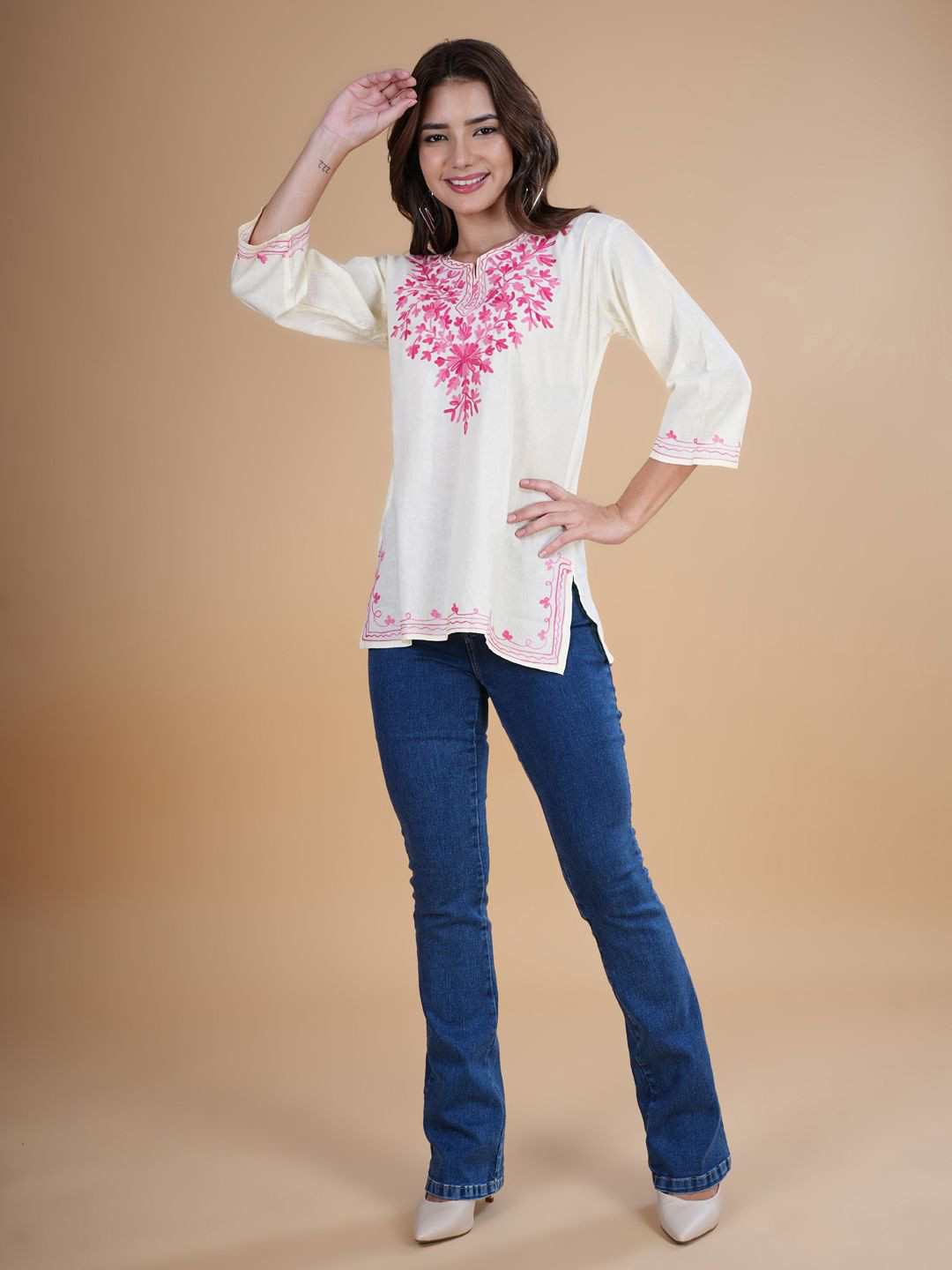 DESIGNER DHAAGE Ethnic Motifs Embroidered Thread Work Pure CottonKurti