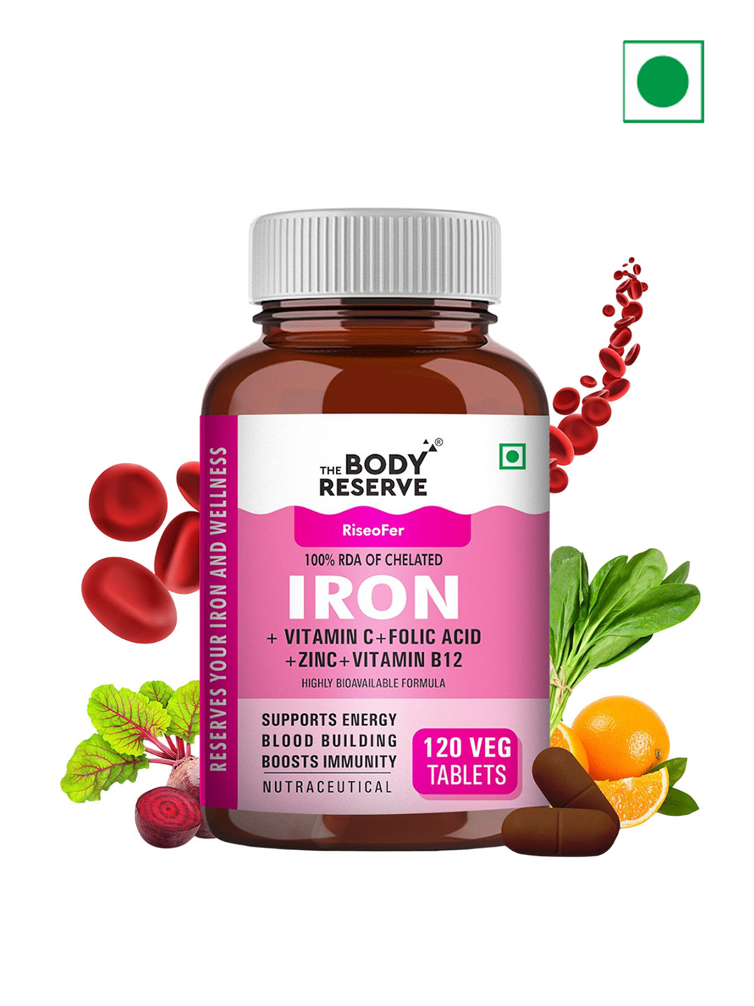 The Body Reserve Chelated Iron + Vitamin C Tablets - 120 Veg Tablets