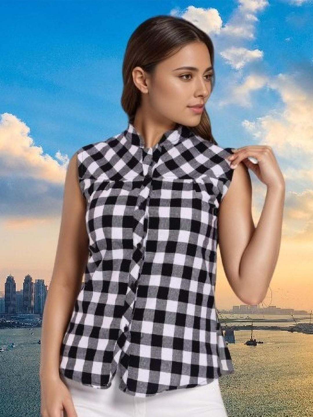 GIRLS WITH WINGS Women Cotton Checkered Casual White, Black Shirt
