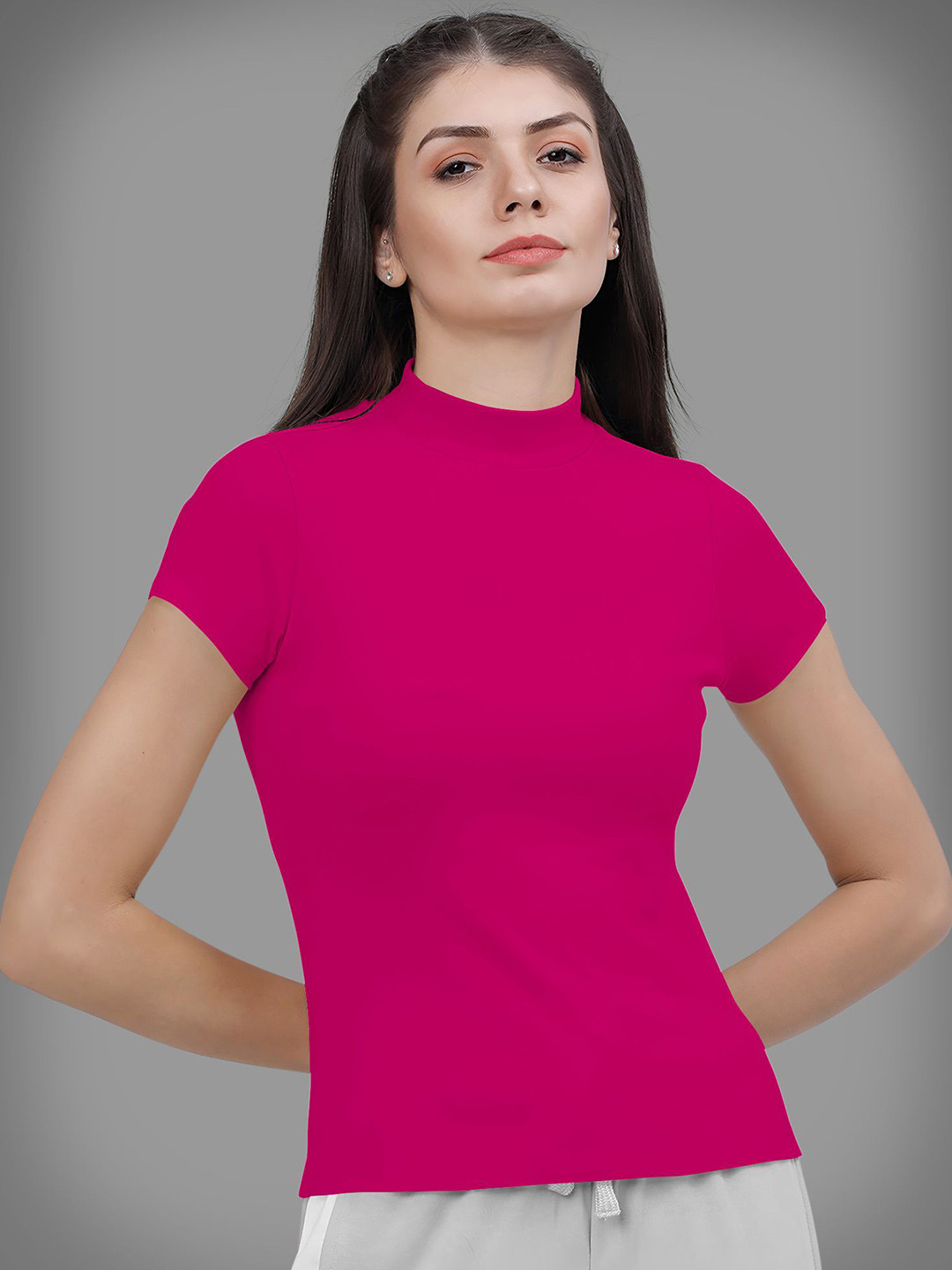 Dream Beauty Fashion Women Solid Short Sleeves Mock Neck Fitted Top