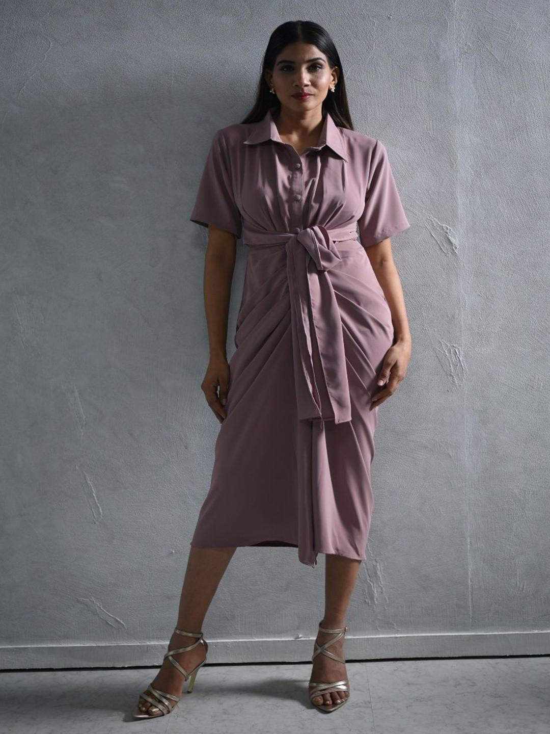 STYLESHIFT Women Solid Shirt Midi Dress With Belt