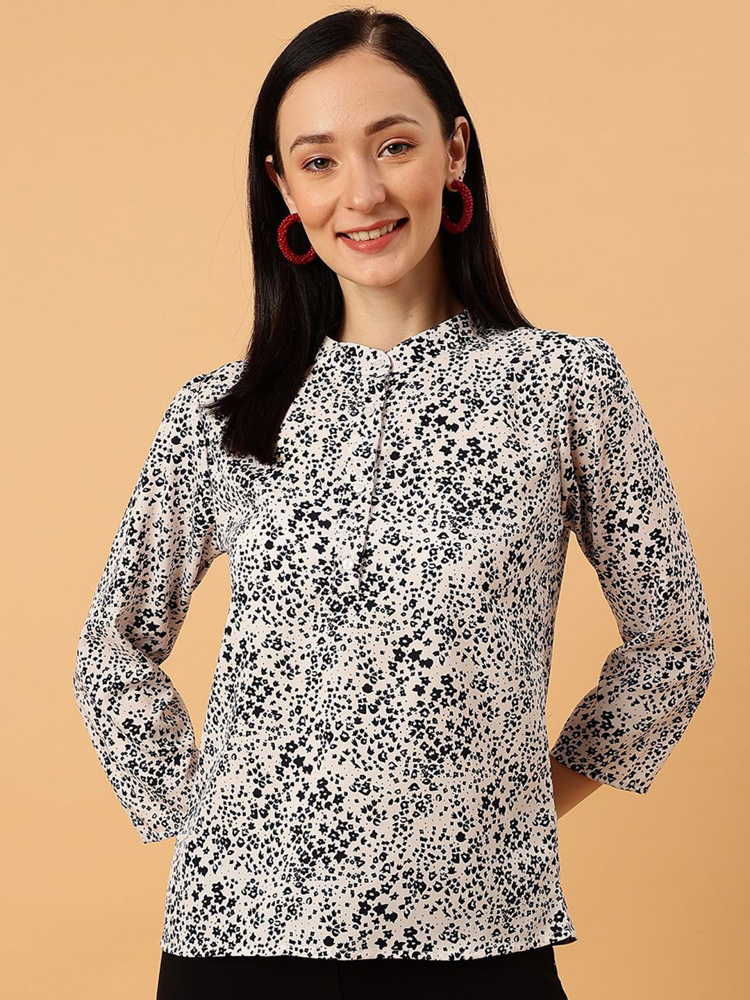 NEESH Animal Print Mandarin Collar Crepe Top