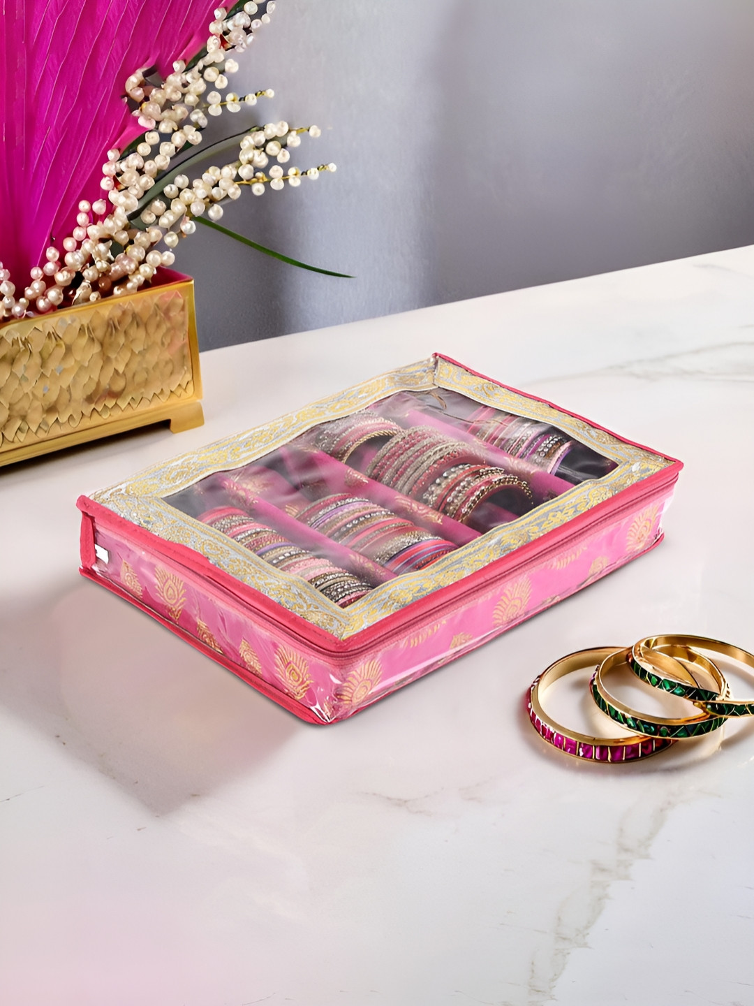 Aura Pink Transparent 4-Rod Removable Bangle Box Jewellery Organisers Storage Box with Zip