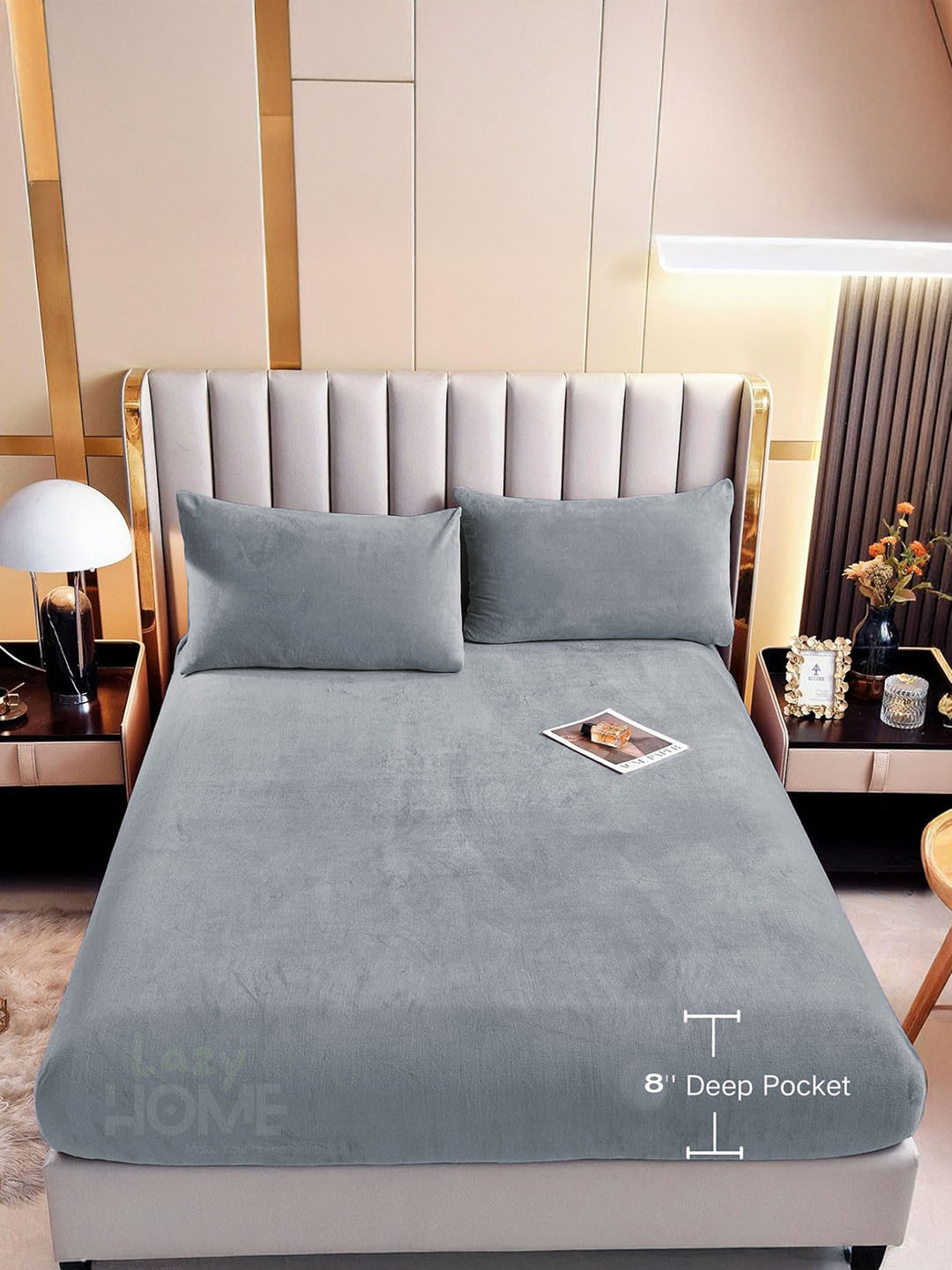 ohello Grey Velvet Skin-Friendly 380 TC Fitted King Fine Bedsheet with 2 Pillow Covers-72 x 78 inches