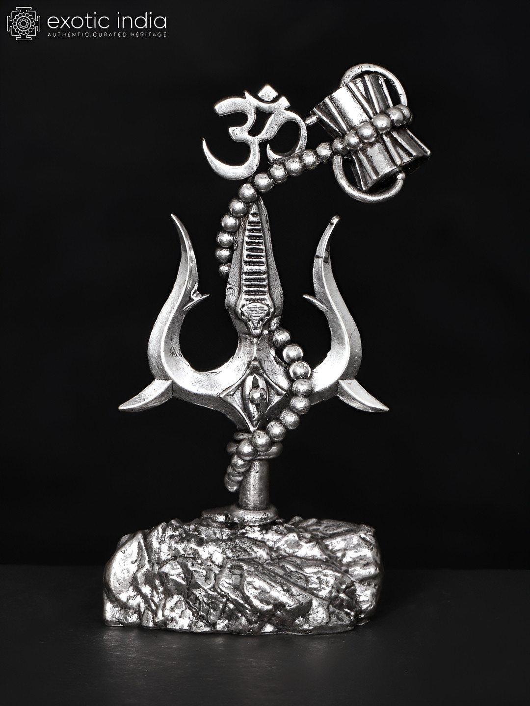 Exotic India Trishul with Damru and Om Silver Brass Metallic Prayer Room Medium Showpiece - 1.2 Inches