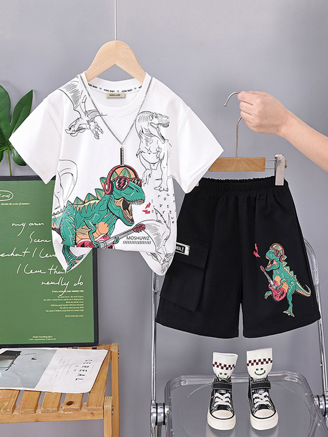 INCLUD Boys Dinosaur Printed Round Neck T-shirt With Shorts