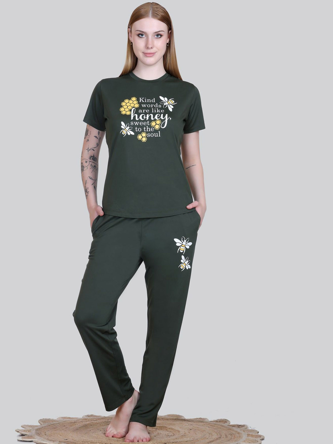 KIZA Women Typography Printed T-shirt & Pyjamas Night suit