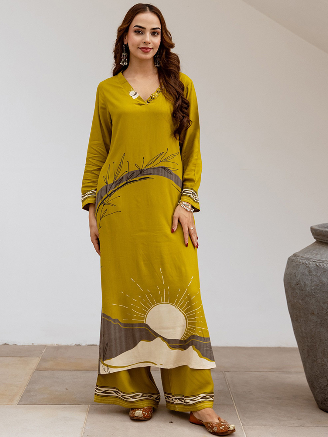 Nehamta Floral Printed V-Neck Sequinned Straight Kurta With Palazzos