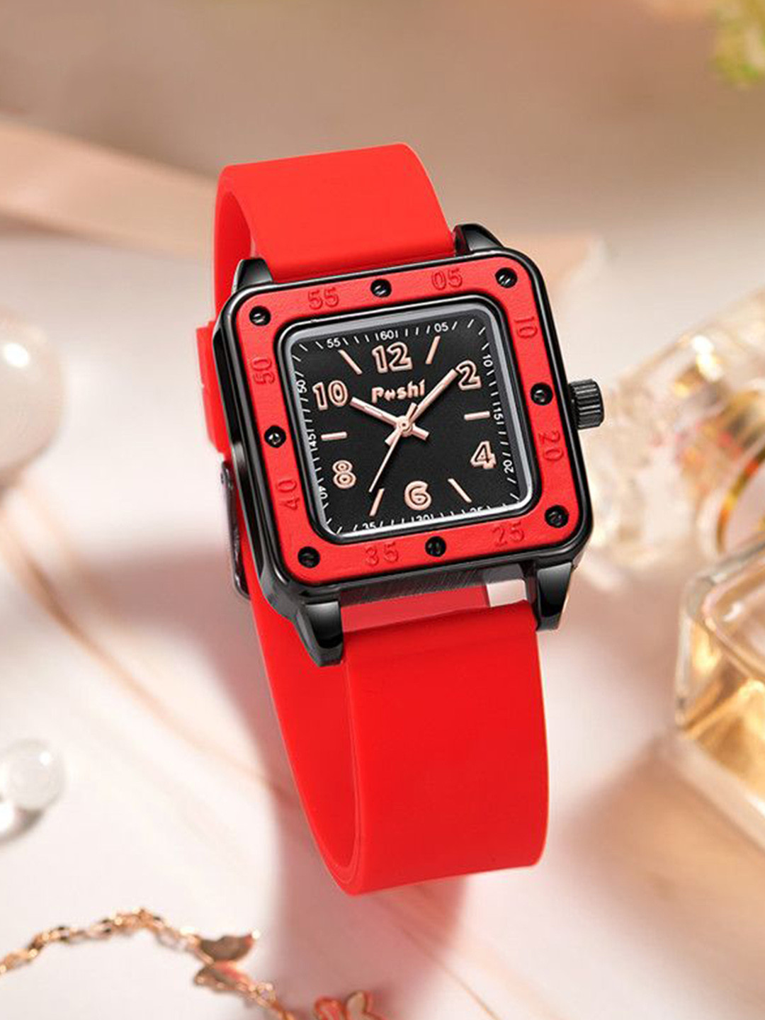 Poshi Women Square Dial Silicone Strap Quartz Watch