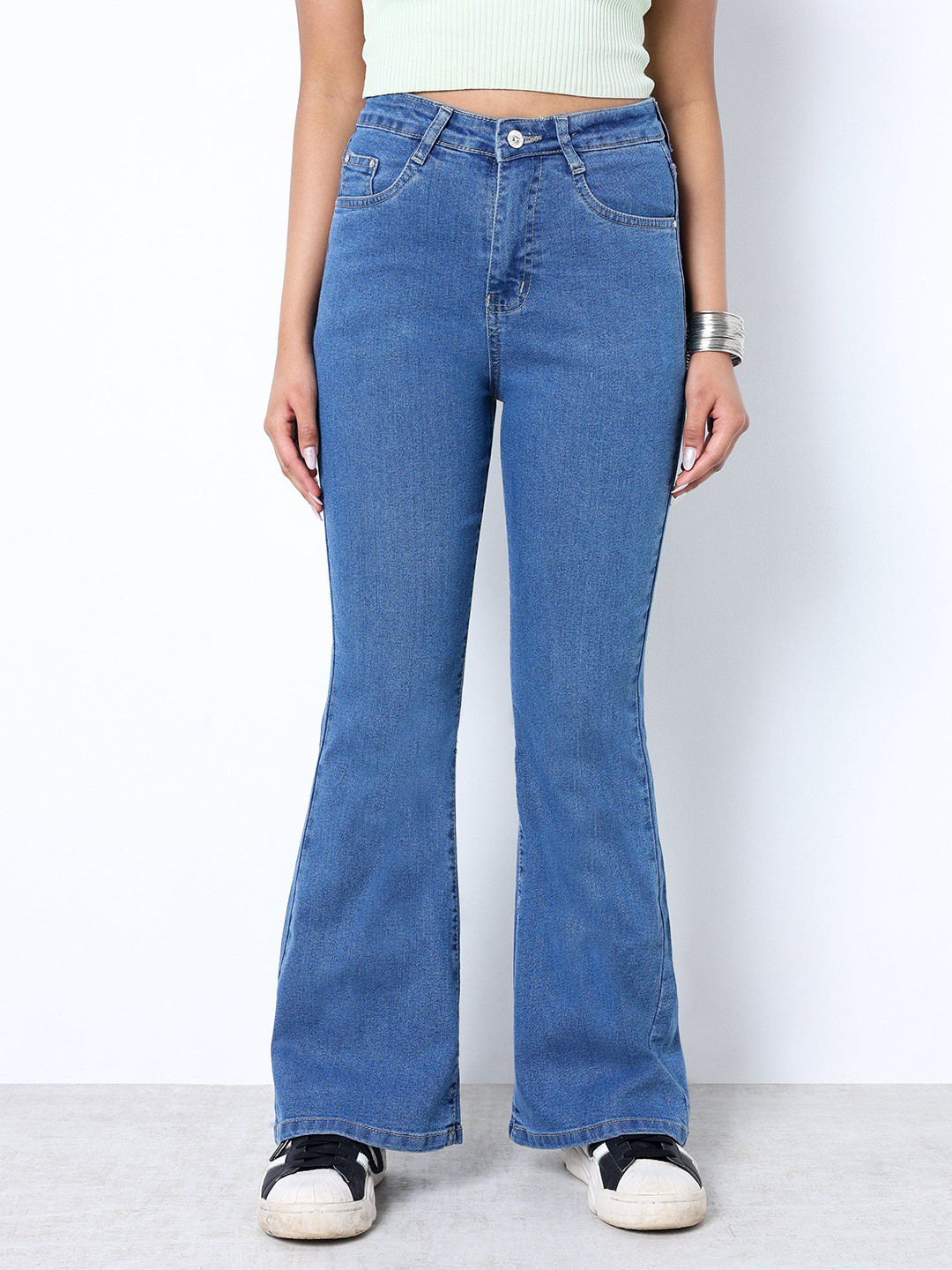 ZUYA Women Light Blue Bootcut Denim High-Rise Light Fade Stretchable Jeans