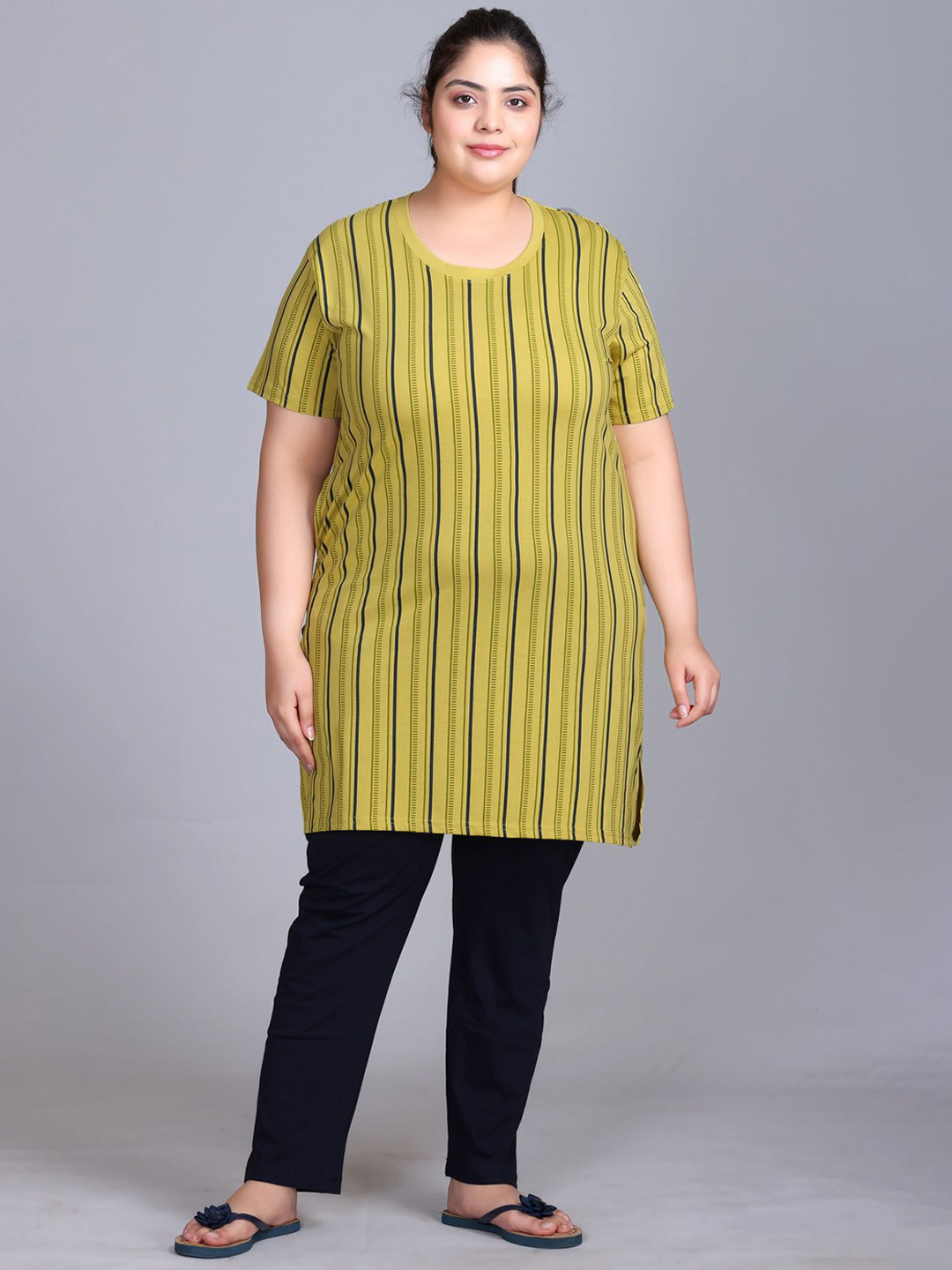 IN Love Women Plus Size Cotton Striped Night suit