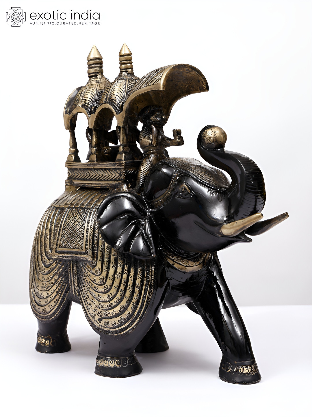 Exotic India Ambari Elephant with Upraised Trunk Black Brass Metallic Living Room Medium Showpiece - 6 Inches