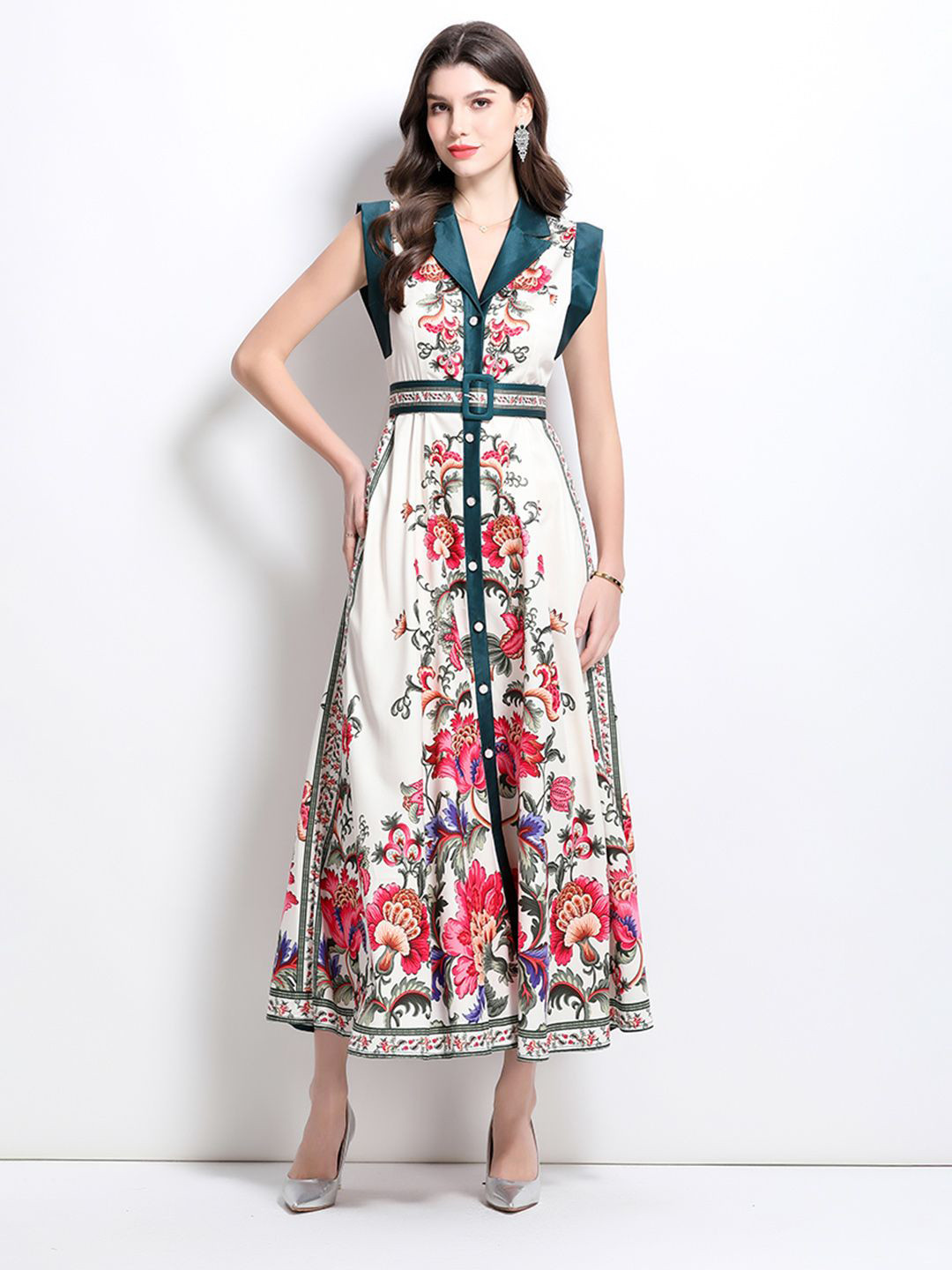 JC Collection Floral Print Lapel Collar Belted Shirt Dress