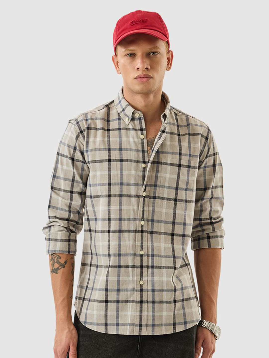 Snitch Men Beige Plaid Shirt