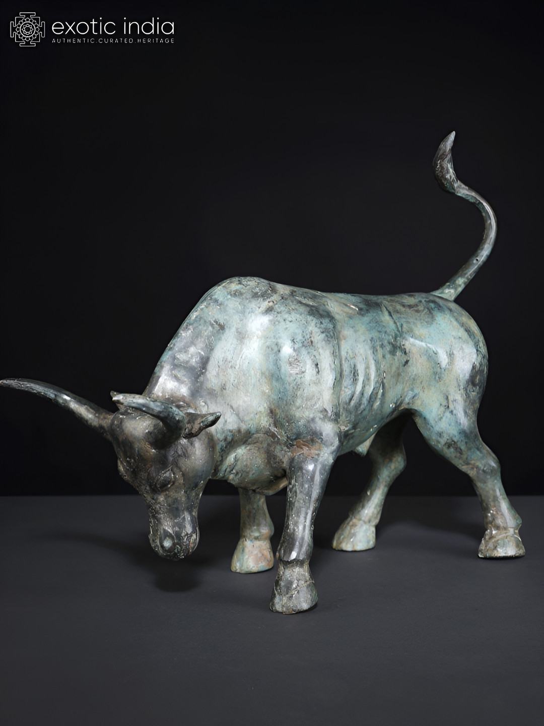 Exotic India Angry Bull Sea Green Brass Metallic Living Room Medium Showpiece - 11.5 Inches