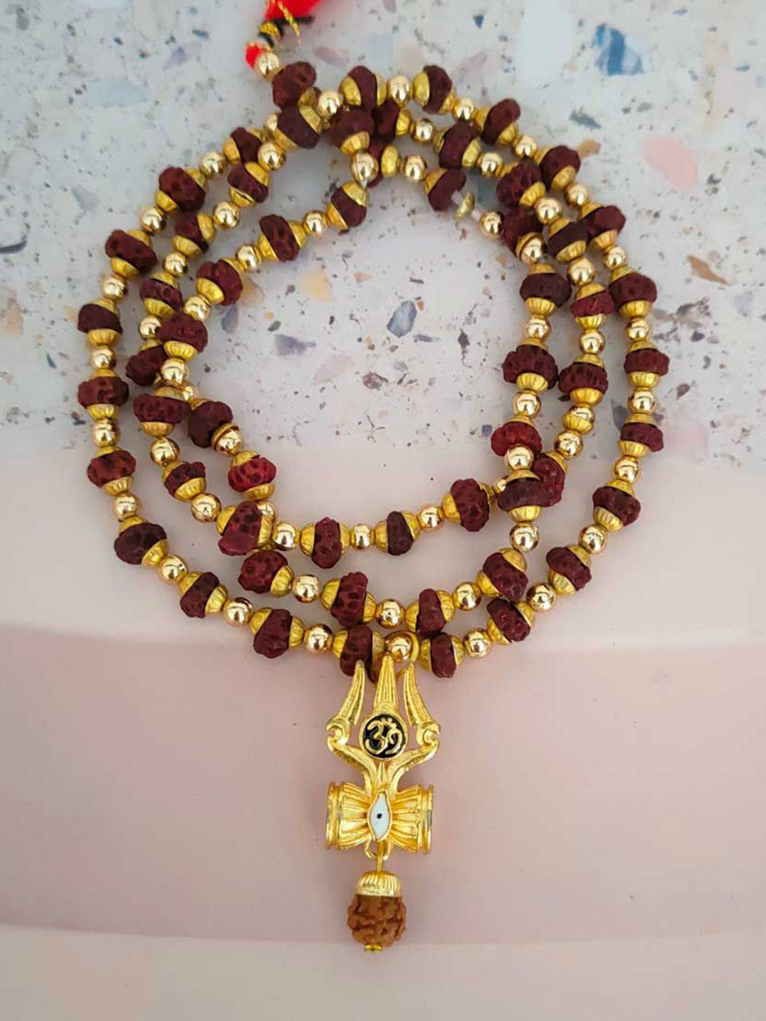M Men Style Men Stainless Steel Gold-Plated Artificial Beaded Shiv Rudraksha Pendant Chain