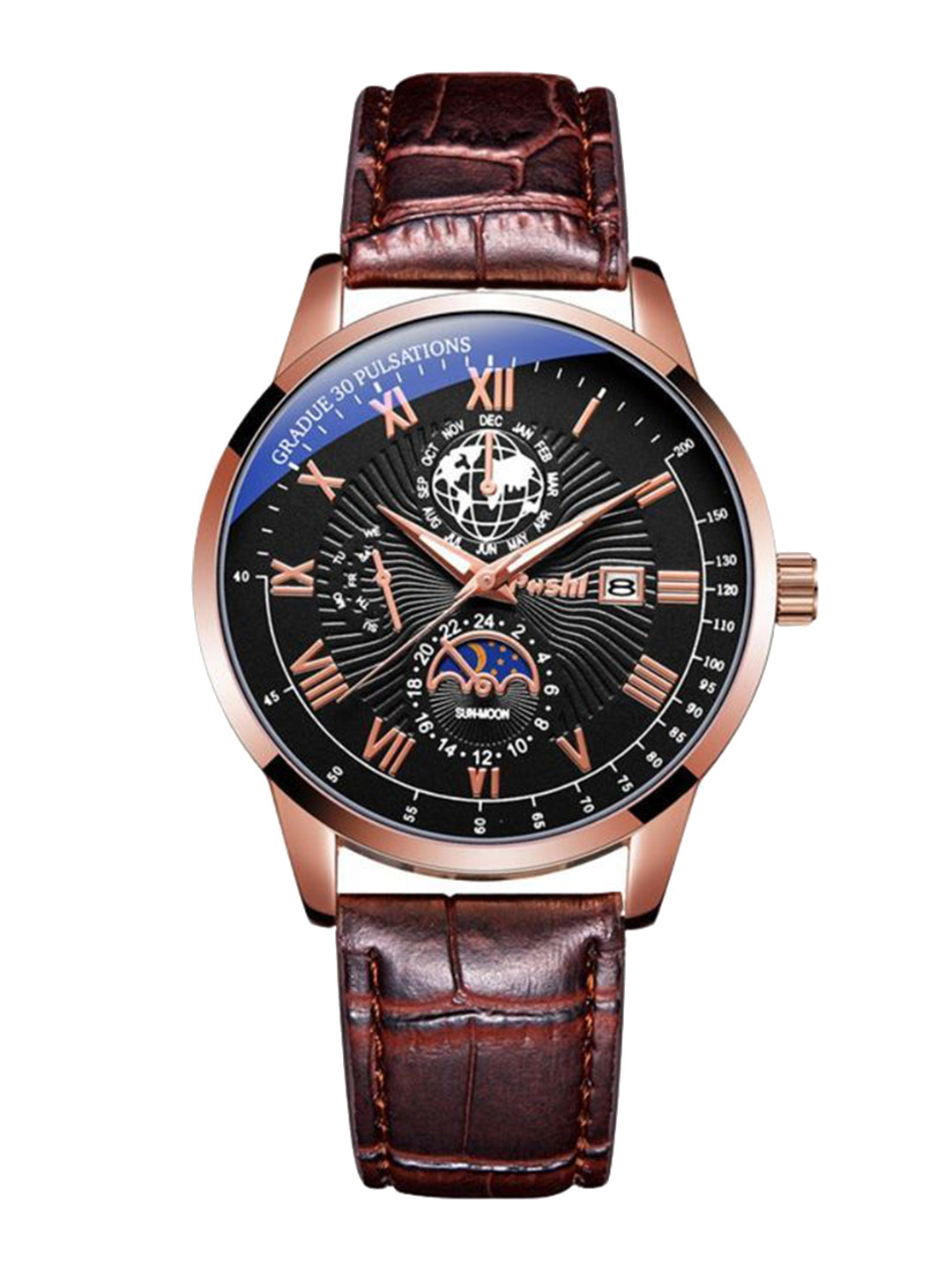 Poshi Men Round Dial Genuine Leather Strap Watch with Adjustable Clasp