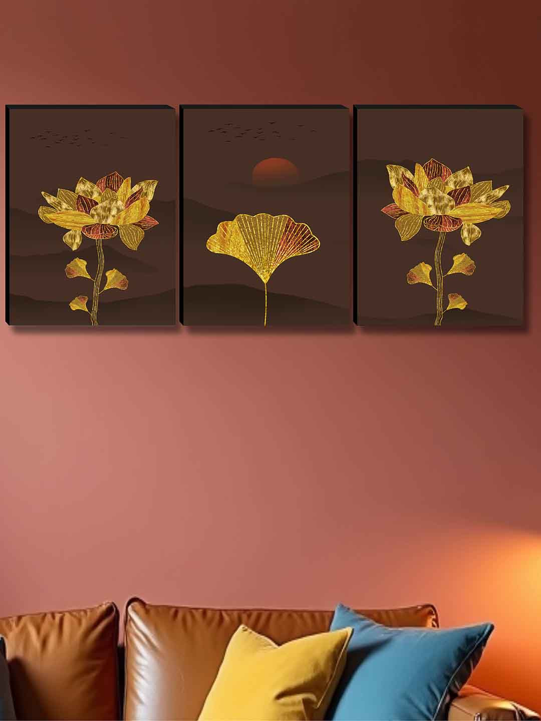 SAF Flowers Wood 3 Piece Wall Rectangle Paintings Wall Art - 27 x 12 In