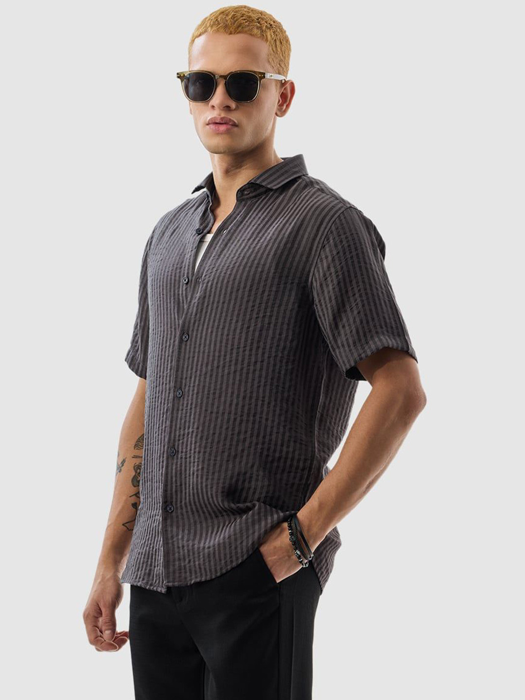 Snitch Men Charcoal Grey Stripes Regular Fit Shirt