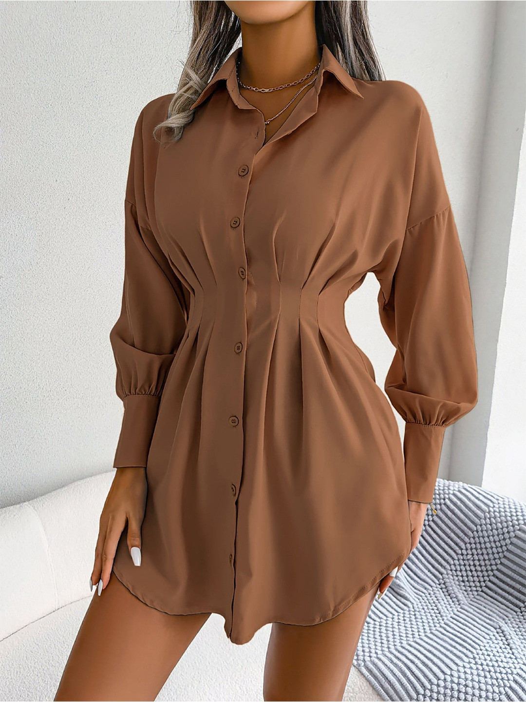 Outzidr Brown Sinched Waist Shirt Dress