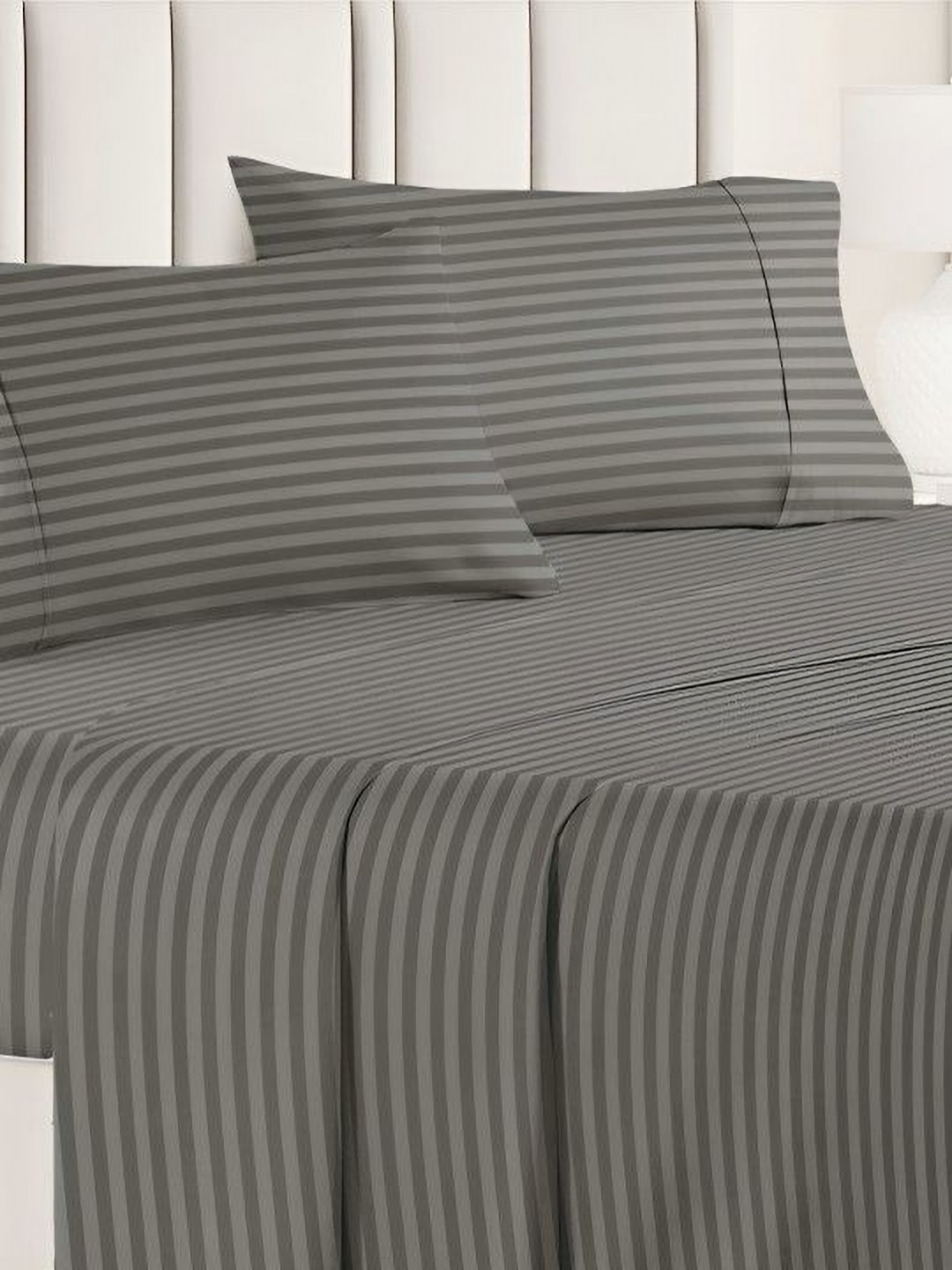 Myntra Elegant Homes Grey Striped Cotton 300 TC Queen Superfine Bedsheet with 2 Pillow Covers-89 x 98 inches