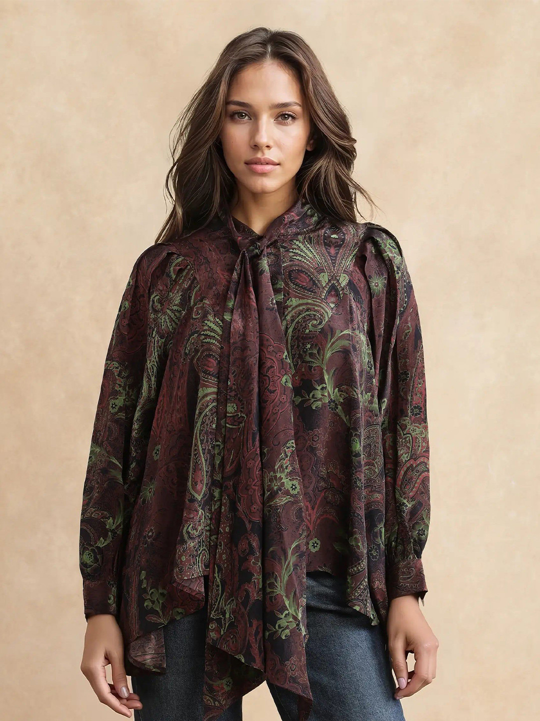 RAREISM RONIX Floral Printed Tie-Up Neck Top