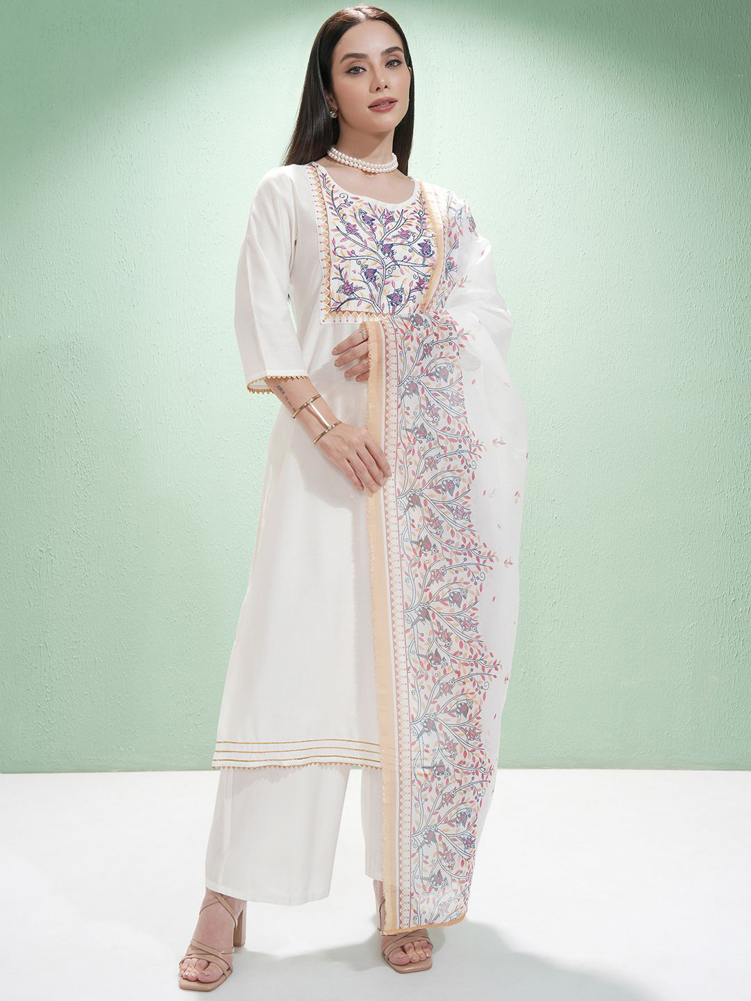 Vishudh Women Ethnic Motifs Yoke Design Regular Thread Work Kurta with Palazzos & With Dupatta