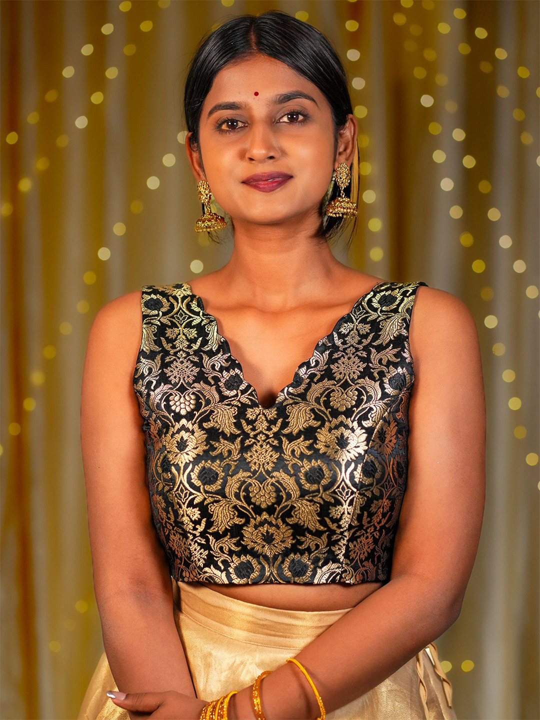 I LOVE SAREES Woven Design Black Scallop V-neck Banarasi Blouse