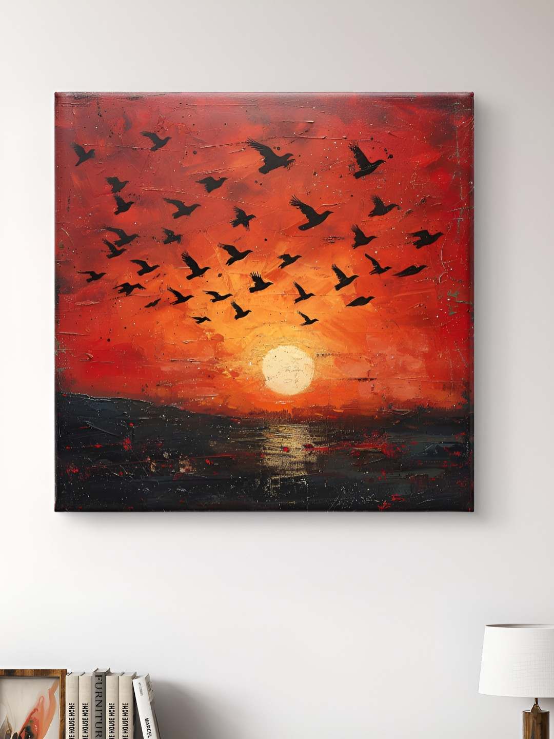 Myntra Elegant Homes Orange Colored & Black Birds Printed Canvas Wall Art