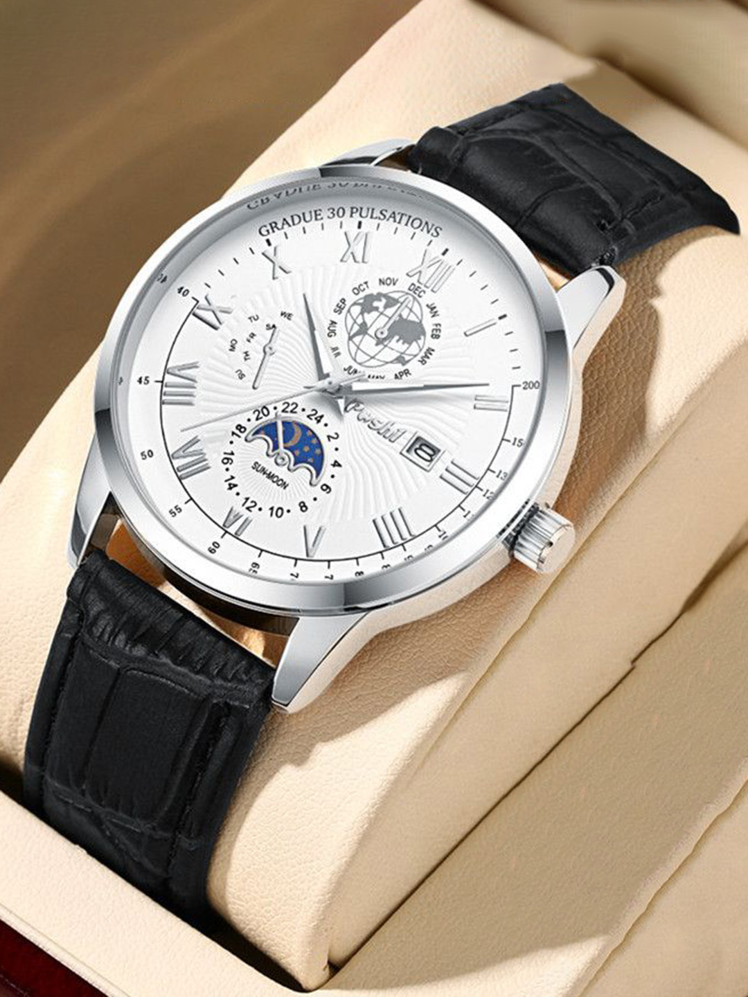 Poshi Men Round Dial Genuine Leather Strap Watch with Adjustable Clasp