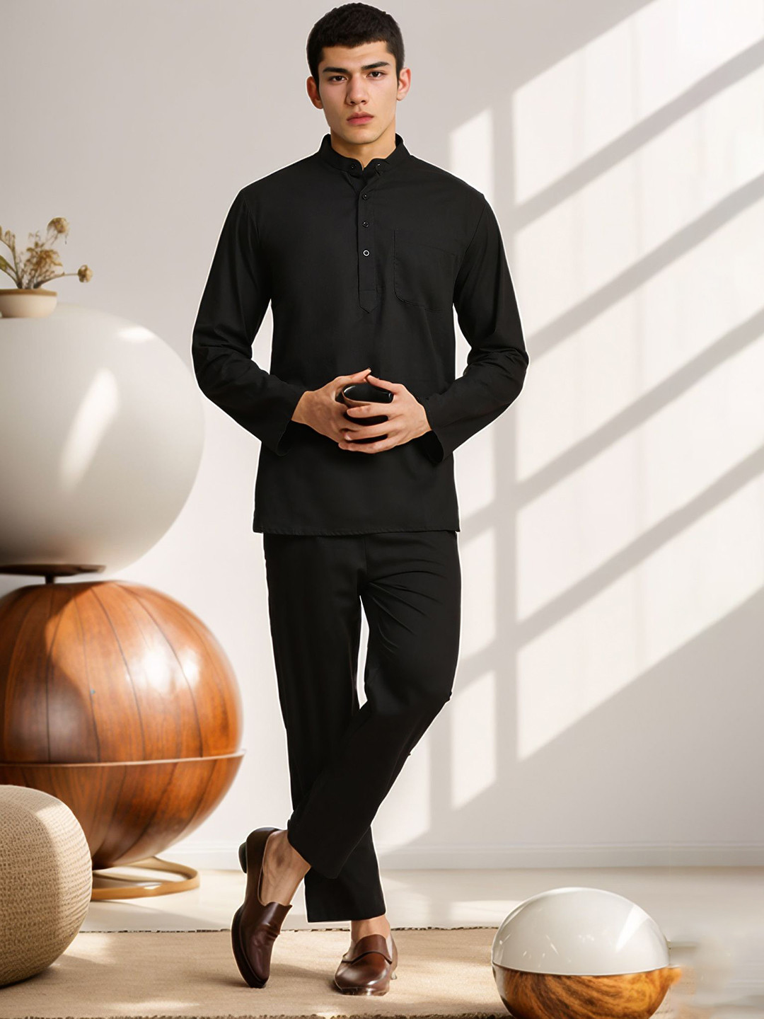 Moda Rapido Band Collar Pure Cotton Straight Short Kurta With Pyjama