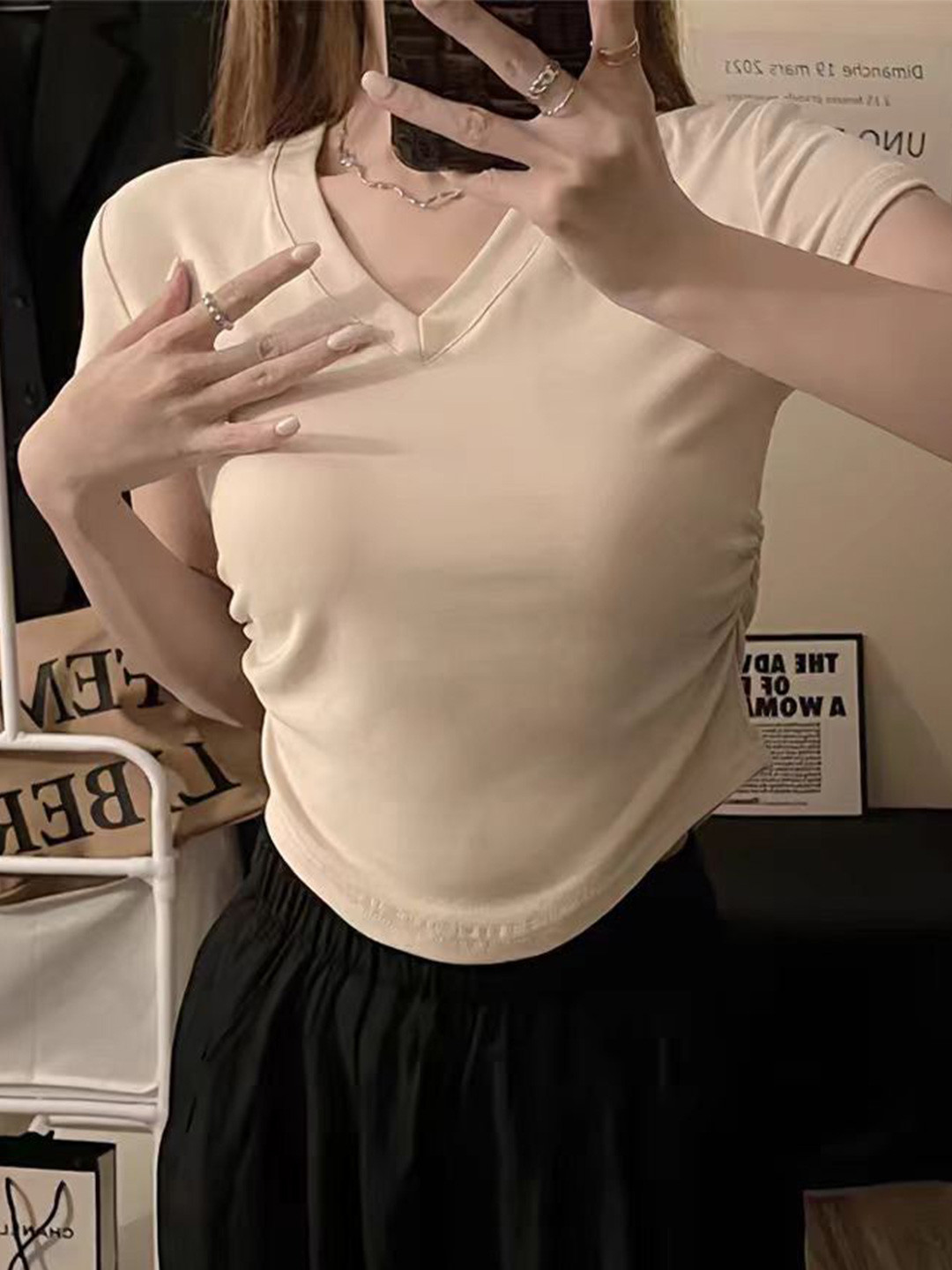 Outzidr Cream Basic Solid V Neck T-Shirt