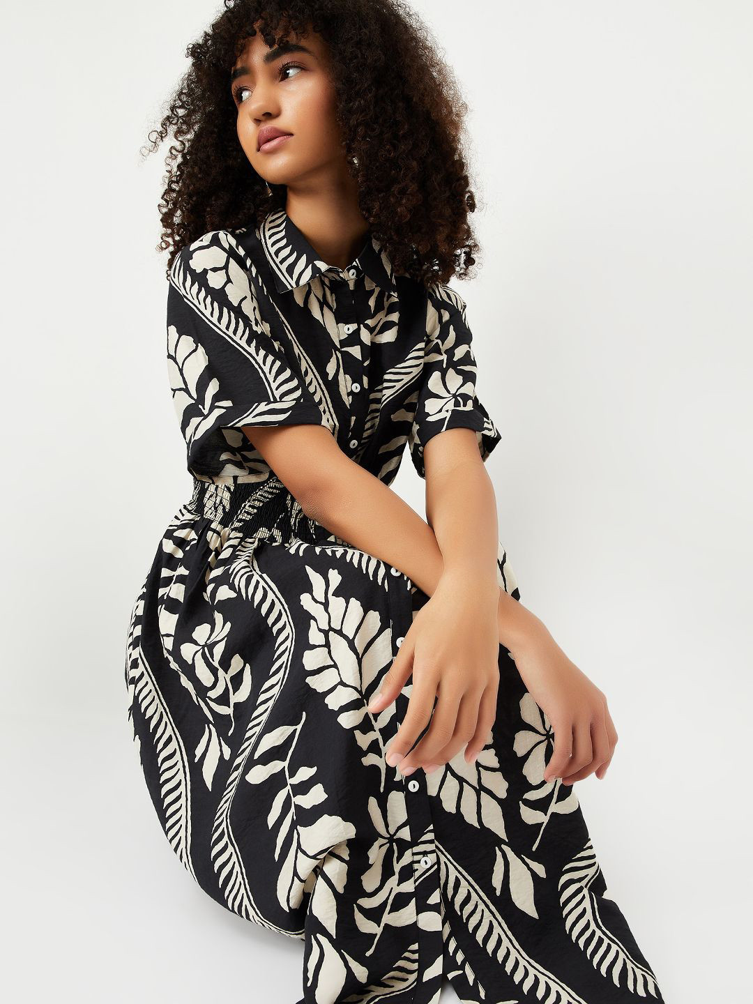 max  Women Floral Print Shirt  Smocked Midi Dress