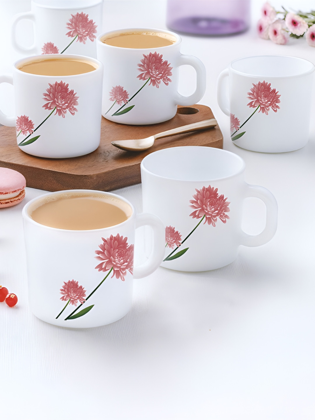 Larah by BOROSIL Coffee Clock White Floral Opalware Microwave Safe 6 Piece Mugs-180ml