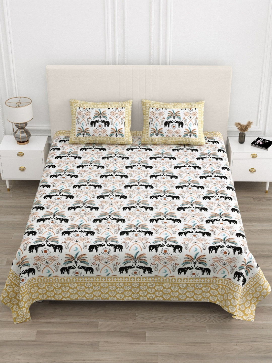 TrueYarns Peach Ethnic Motifs Pure Cotton 210 TC King Fine Bedsheet with 2 Pillow Covers-90 x 108 cm