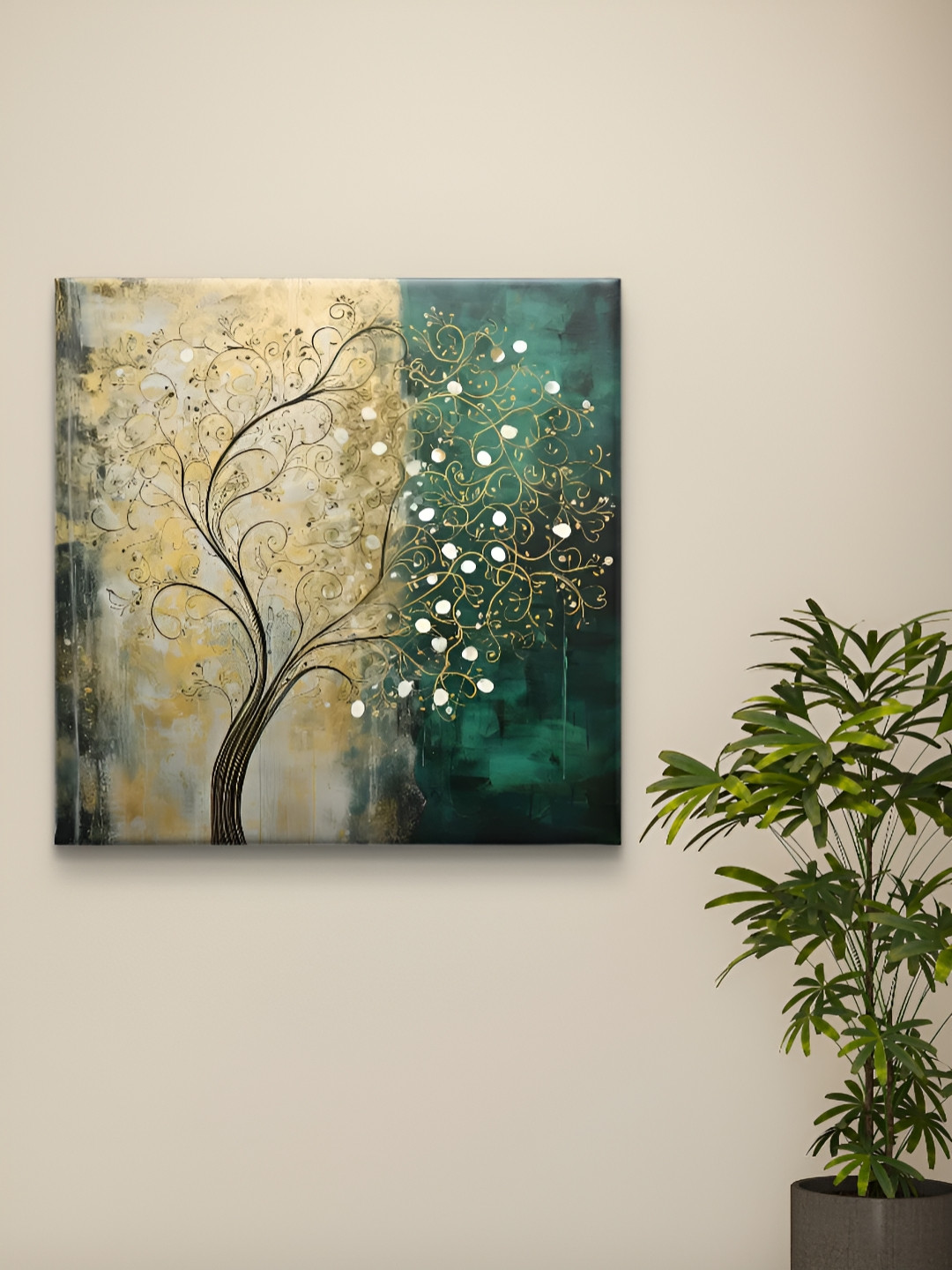 Myntra Elegant Homes Green & Beige Abstract Art Tree Canvas Wall Art