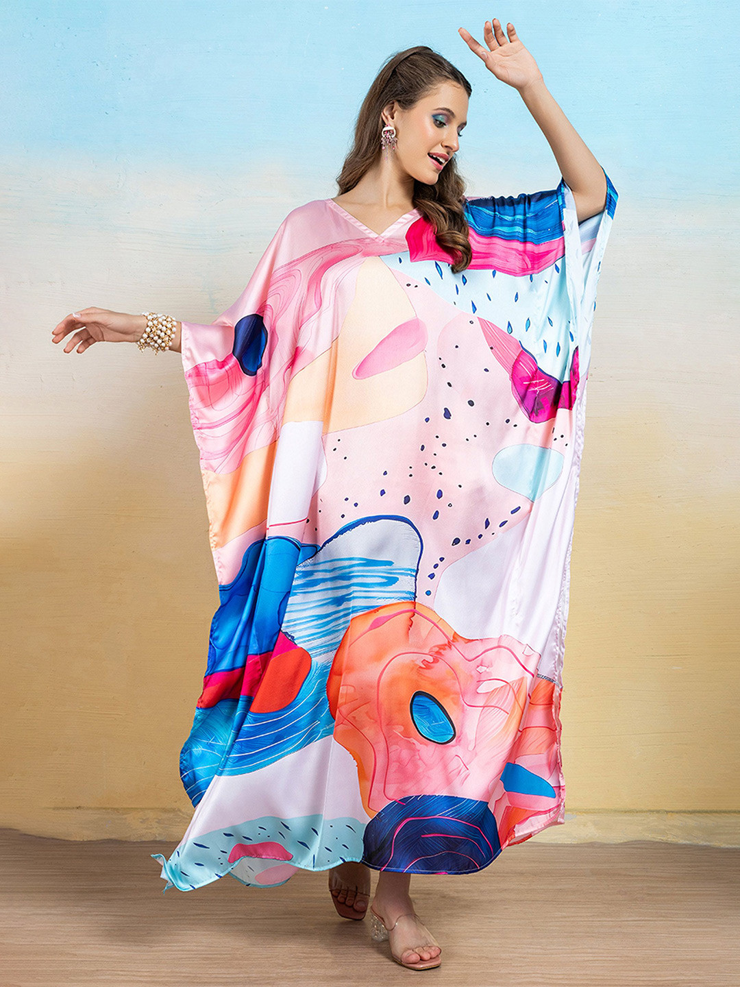 LABEL AARNA Radiance Drift Soft Satin Women Kaftan Dress
