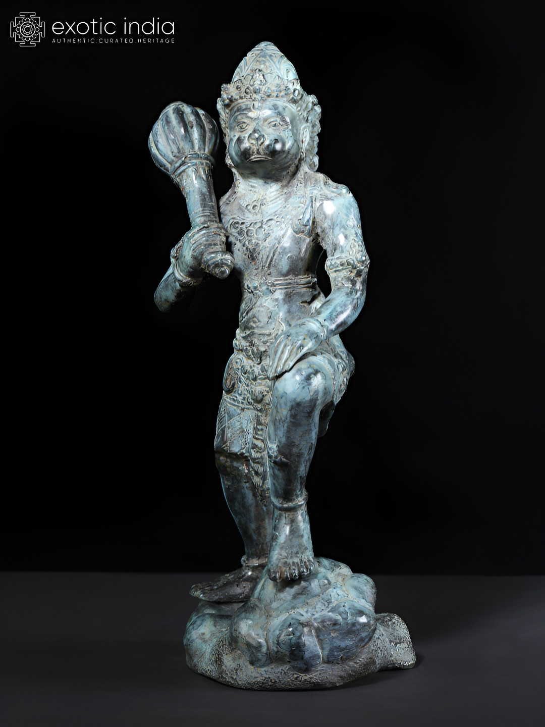 Exotic India Mahabali Lord Hanuman Sea Green Brass Metallic Prayer Room Medium Showpiece - 12 Inches