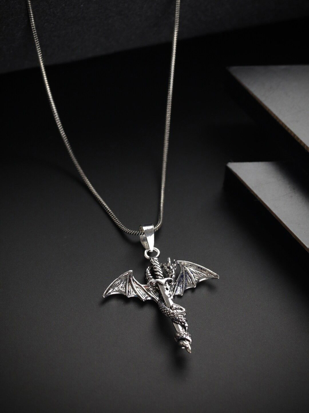 PASU FASHION Unisex Stainless Steel Silver-Plated Dragon Sword-Charm Pendant With Chain