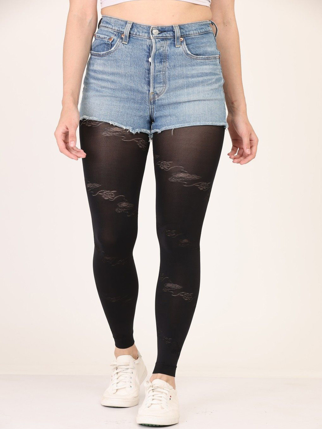 SACHIVA FASHION Floral Design Semi-Sheer Stockings