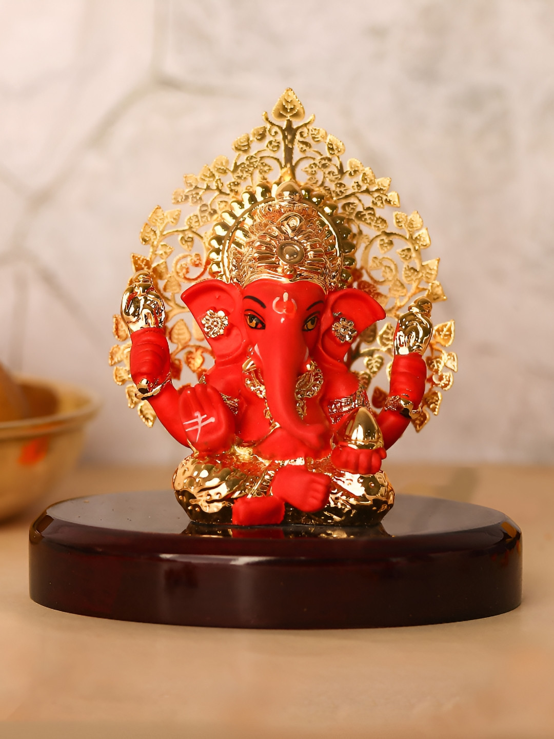 HOUSE OF WEMY Ganesha with Kalpavriksha Tree Red Polyresin Glossy Prayer Room Tiny Showpiece - 3 Inches
