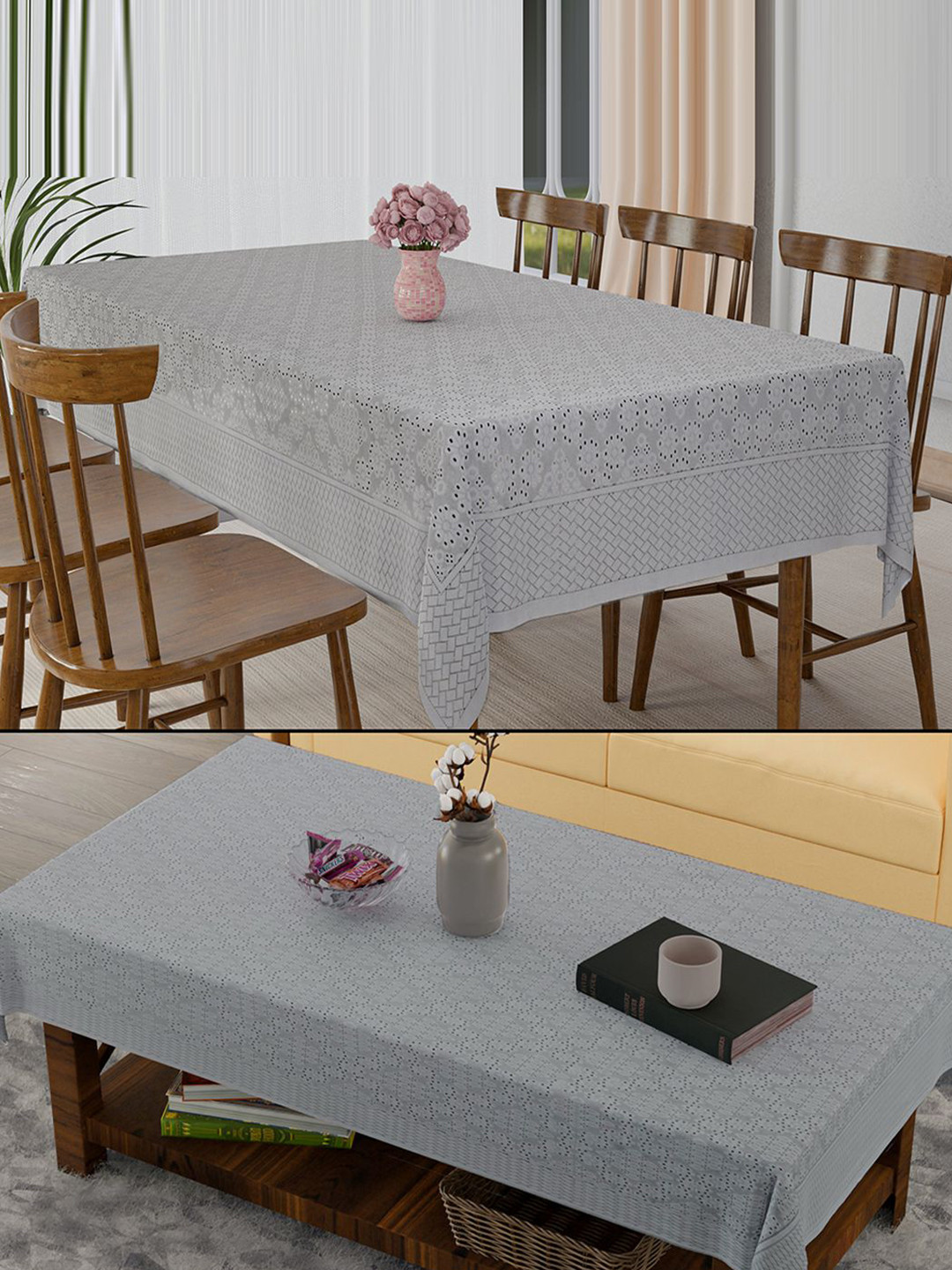 Kuber Industries Grey 2 Pieces Printed Cotton Dining Table Cover & Center Table Cover