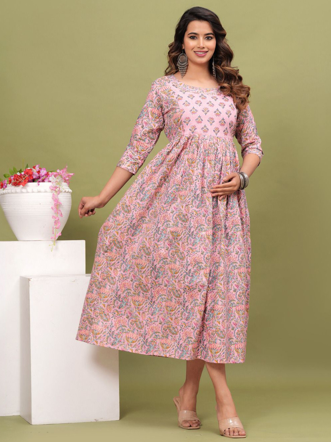 ANUOM Women Pink Floral Maternity Dress