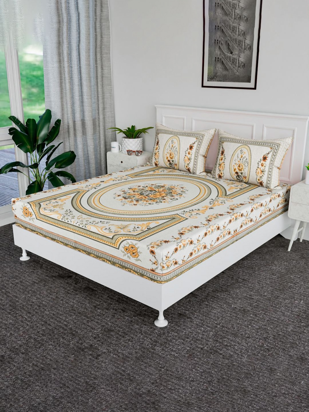 Aura Yellow Floral Cotton Wrinkle Free 144 TC King Bedsheet with 2 Pillow Covers-100 x 108 inches