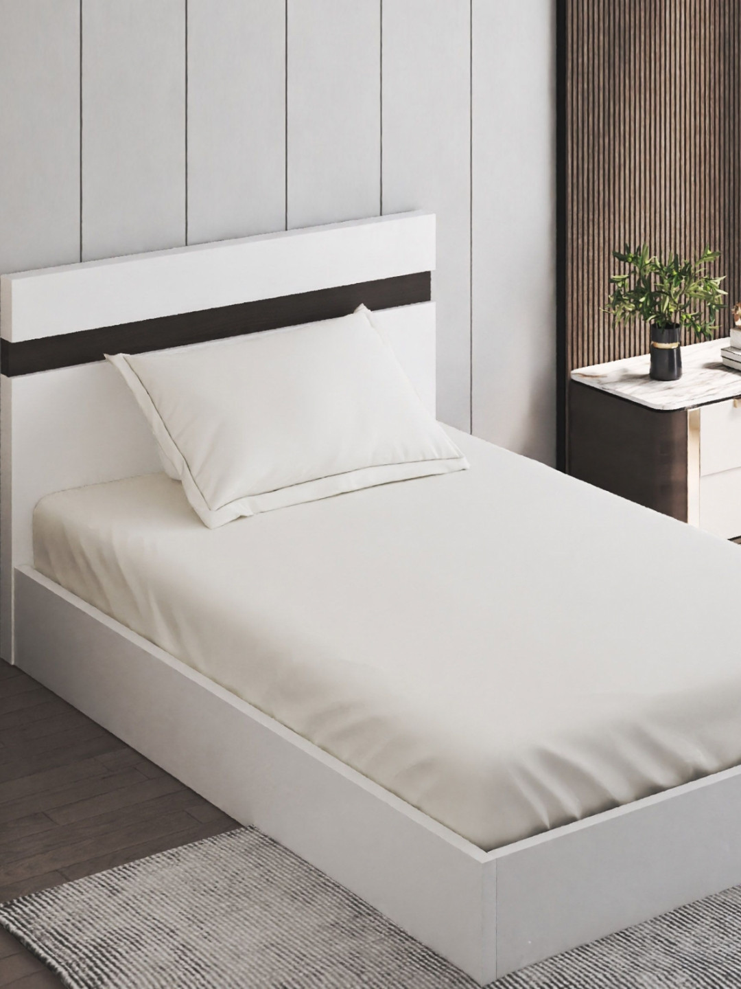 Home Centre White Cotton 144 TC Single Bedsheet with a Pillow Cover-100 x 60 inches