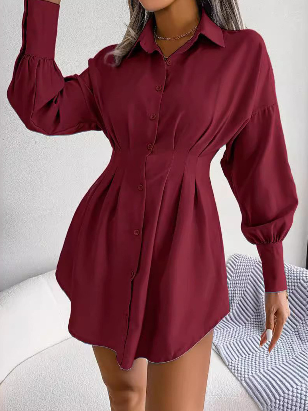 Outzidr Cinched Waist Shirt Dress