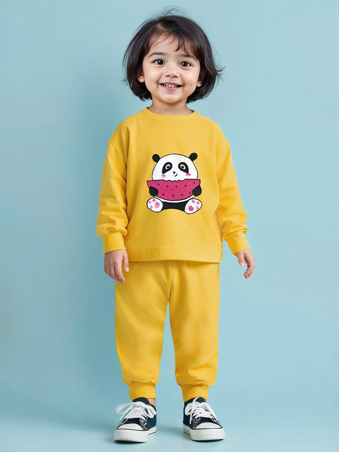 YK X Trampoline Kids Patch Work Printed Cotton Terry Loop T-shirt & Pyjamas Set