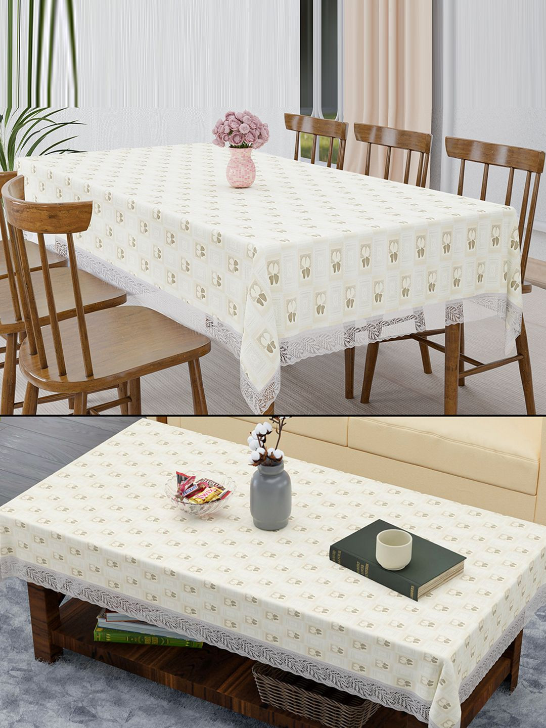 Kuber Industries Cream-Coloured 2 Pieces Printed Dining Table Cover & & Center Table Cover
