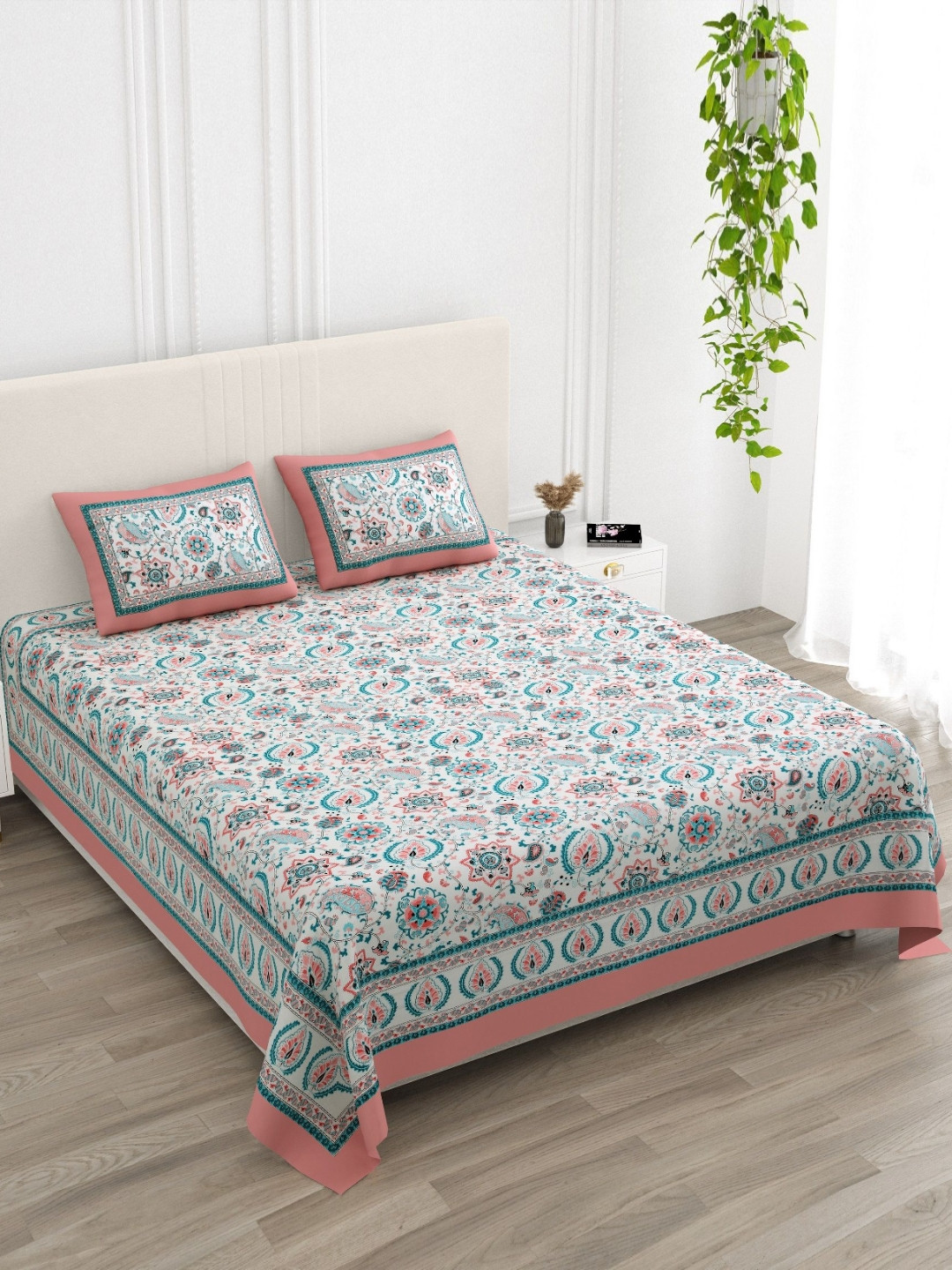 TrueYarns Export Pink Ethnic Motifs Pure Cotton 210 TC King Fine Bedsheet with 2 Pillow Covers-90 x 108 inches